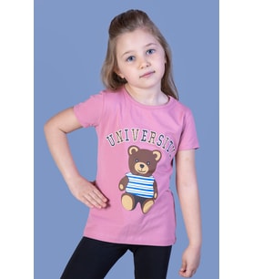 Toontoy Kız Çocuk Ayıcık Ve Yazı Baskılı Taş İşlemeli Tişört (Gül Kurusu)