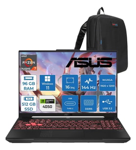 Asus Tuf Gaming A16 (FA607NUG-GAMING) Amd Ryzen™ 7 7445HS 96GB Ddr5 512GB SSD RTX4050/6GB 140W 16-Inch, Fhd+ 16:10 (1920 x 1200, Wuxga) 144Hz IPS WIN11PRO Taşınabilir Bilgisayar RL125P32+ZETTAÇANTA