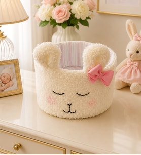 El Yapımı Pembe Fiyonklu Sevimli Tavşan Figürlü Peluş Bebek Odası Düzenleyici Organizer Sepet