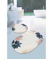 Krem Yapraklı Banyo Halısı Klozet Oval Paspas Seti BS094