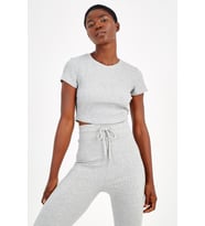 Maraton SlimFit Kadın Bisiklet Yaka  Gri Melanj Crop Top