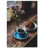 Cakatablo  Mavi Fincanda Espresso Çörek ve Çiçekler MDF Tablo