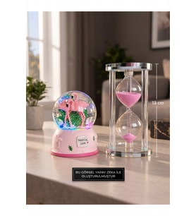 Sevgiliye Hediye Işıklı Flamingo Kar Küresi ve 5 Dakikalık 13CM Pembe Kum Saati Seti Masa Üstü Biblo
