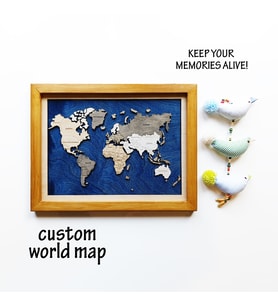 43x52cm Ahşap&Epoxy Çift Katman Dünya Haritası (Mavi Transparan Epoxy - Tik Çerçeve)