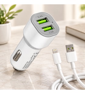 Araç Çakmaklık Çift USB Hızlı Şarj Başlığı ve Lightning Kablosu