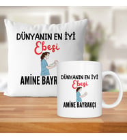 Dünyanın En İyi Ebesi Baskılı Kişiye Özel Kupa Bardak Ve Saten Yastık