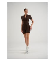 Kahverengi Sculpt Line Kısa Kollu Spor Tayt Şort Tulum