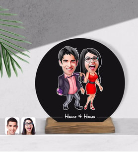 BK Gift Kişiye Özel Sevgililer Karikatürlü Yuvarlak Ahşap Biblo-4