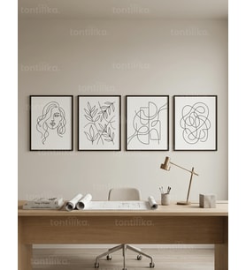 Modern Minimalist Çizgisel Sanat 4’lü Ahşap Çerçeveli Tablo Seti