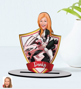 BK Gift Kişiye Özel İsimli Kadın Motorcu Karikatürlü Ahşap Biblo Model-2