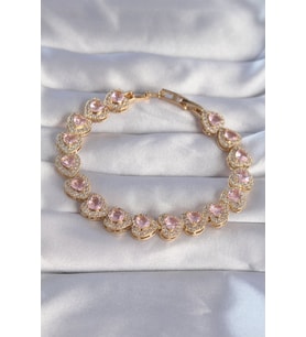 Vip Seri Pirinç Gold Renk Pembe Zirkon Taşlı Kalp Tasarımlı Bileklik - TJ-BB6127
