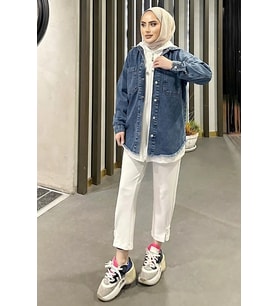 Koyu Kar Yıkama Püskül Detay Kot Ceket Oversize