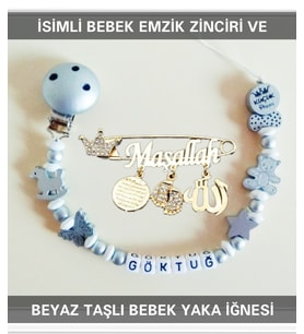 Sahi Aksesuar İsimli Bebek Emzik Zinciri ve Beyaz Taşlı Bebek Yaka İğnesi BEZYI013