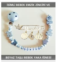 Sahi Aksesuar İsimli Bebek Emzik Zinciri ve Beyaz Taşlı Bebek Yaka İğnesi BEZYI013