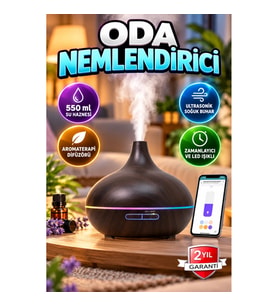 550 ml Su Hazneli Ultrasonik Oda Nemlendirici ve Aromaterapi Difüzörü – Zamanlayıcılı, LED Işıklı