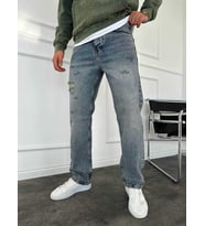 Yırtık Detay Yıkamalı Baggy Jean (Mavi)