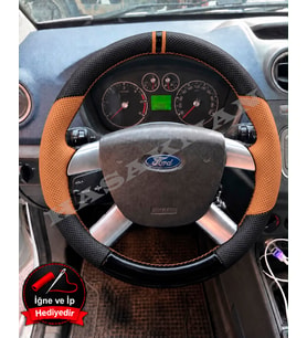 Ford C-Max Dikme Direksiyon Kılıfı Delikli Deri Parlak Siyah Taba Detay Çift Yüzük ve Dikiş 2007-2010