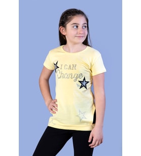 Toontoy Kız Çocuk Yıldız Baskılı Taş İşlemeli Tişört (Sarı)