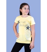 Toontoy Kız Çocuk Yıldız Baskılı Taş İşlemeli Tişört (Sarı)