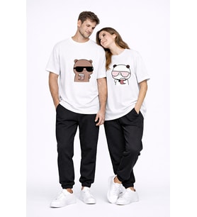 Sevgili Çift Tişört Panda Karakter Baskılı Partner Kombini Oversize Unisex Stil (Beyaz)