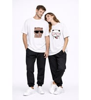 Sevgili Çift Tişört Panda Karakter Baskılı Partner Kombini Oversize Unisex Stil (Beyaz)