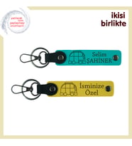 Doğayla Kurulan Bağ İçin Kişisel Hatıra, Deri Anahtarlık x2’li, İsim Yazılabilir, Koyu Turkuaz-Sarı