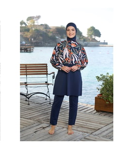 Estiva Dijital Baskı Croplu Dokuma Tam Kapalı Tesettür Mayo (Lacivert)