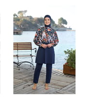 Estiva Dijital Baskı Croplu Dokuma Tam Kapalı Tesettür Mayo (Lacivert)