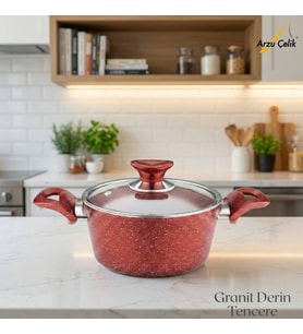 ARZU ÇELİK 18 Cm Granit Derin Tencere Cam Kapak - Kırmızı