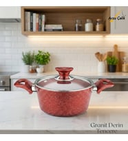 ARZU ÇELİK 18 Cm Granit Derin Tencere Cam Kapak - Kırmızı