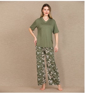 ŞıkTasarım Çiçek Desenli Yeşil Kısa Kol Viskon Pijama Takımı