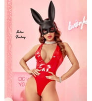 Intive Fantasy Kırmızı Lame Kumaştan Derin V Dekolteli Bodysuit/Gecelik