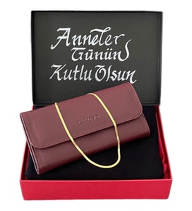 Anneler Günü Bordo Cüzdan Siyah Penye Şal İtalyan Zincir Çelik Kolye Set