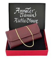 Anneler Günü Bordo Cüzdan Siyah Penye Şal İtalyan Zincir Çelik Kolye Set