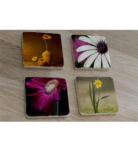 Papatya ve Çiçekler Doğal Taş Bardak Altlığı 4'lü set - Natural Stone Coasters