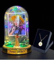 Kişiye Özel Renkli Led Işıklı Fanus ve Tasarım Kolye Hediye Seti (Model 5)