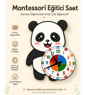 Sevimli Panda Po Montessori Çocuk Odası Eğitici Ahşap Duvar Saati - Sessiz Mekanizma, Şık Tasarım