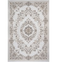 Ekru Beyaz Madalyon Göbek Desenli Eskitme Vintage Dijital Baskı Yıkanabilir Kaymaz Tabanlı Salon Halısı