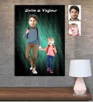 Kişiye Özel Karikatür Baskılı Ahşap Tablo Baba Kız-Aile 30x40 -2