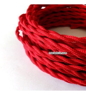 Marketcik 2x0,50mm Kırmızı Renkli Dekoratif BURGULU Kumaş Kablo, 1 Metre