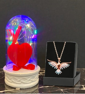 Renkli Led Işıklı Biblolu Fanus ve Renkli Zümrüdü Anka Kuşu Kolye Premium Hediye Seti (Model 4)