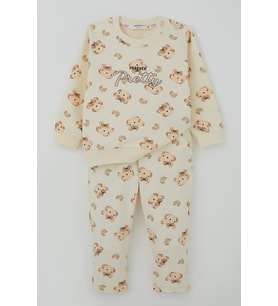 Breeze Kız Bebek Eşofman Takımı Sevimli Fiyonklu Ayıcık Desenli 6 Ay-2 Yaş, Krem