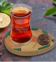 BK Gift Kişiye Özel Modern Art Tasarımlı Doğal Ahşap Tabaklı Heybeli Çay Bardağı Sunum Seti Model 9