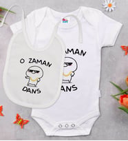 BK Kids O Zaman Dans Tasarımlı Beyaz Bebek Body Zıbın ve Mama Önlüğü Hediye Seti-1
