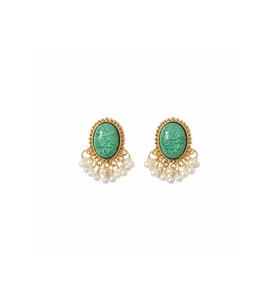 Kadın Yeşil Taşlı İnci Detaylı Küpe  Gold Vintage Şık Tasarım Küpe