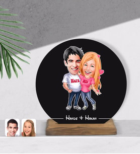 BK Gift Kişiye Özel Sevgililer Karikatürlü Yuvarlak Ahşap Biblo-5