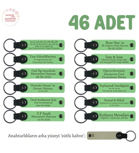 Tasarım ve Çizim Sınıfı Mezuniyetine 46'lı Set Kişiye Özel Yazılı Anahtarlık, Fıstık Yeşil & S Kahve