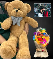 Kişiye Özel Led Işıklı Fotoğraflı Ayıcık Buketi ve Büyük Boy 80cm Kahverengi Peluş Ayıcık (Model 7)