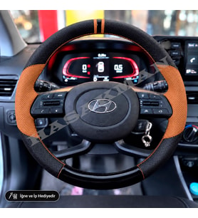 Hyundai Bayon Dikme Direksiyon Kılıfı Delikli Deri Parlak Siyah Taba Detay Çift Yüzük ve Dikiş 2021-2026