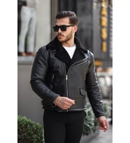 Mero Life Erkek Napa Deri Çapraz Fermuarlı Içi Full Kürklü Yüksek Kalite Slim Fit Siyah-Krem Mont & Ceket (Siyah)